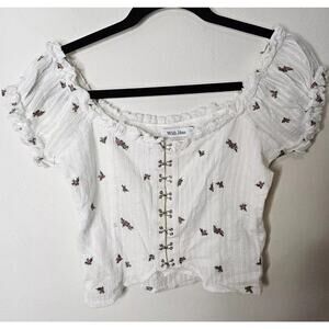 With Jean White Gauze Exposed Hook and Eye Floral Puff Off Shoulder Crop Top XS